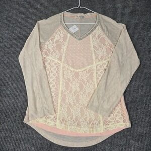 Jolt Vanity Womens Lace Mixed Media Top Pink Studded V-Neck Small JV5357FPW